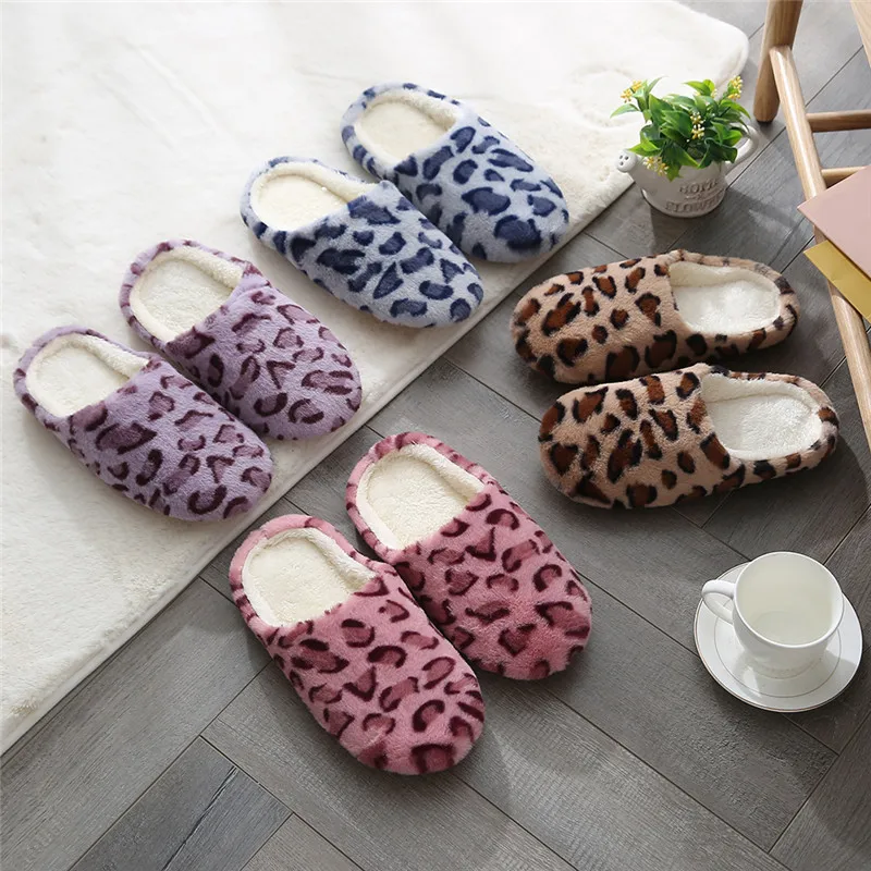 Indoor Bedroom Women Men Couples Floor Shoes Winter Household Fur Slippers Leopard Print Non-Slip Soft Warm House Slides