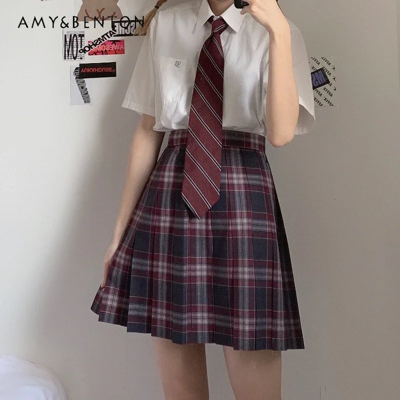 Japanese Jk Uniform Casual Style Red and Black A Line Slim and Thin Fashion Versatile Comfortable Mini Plaid Pleated Skirt Girls