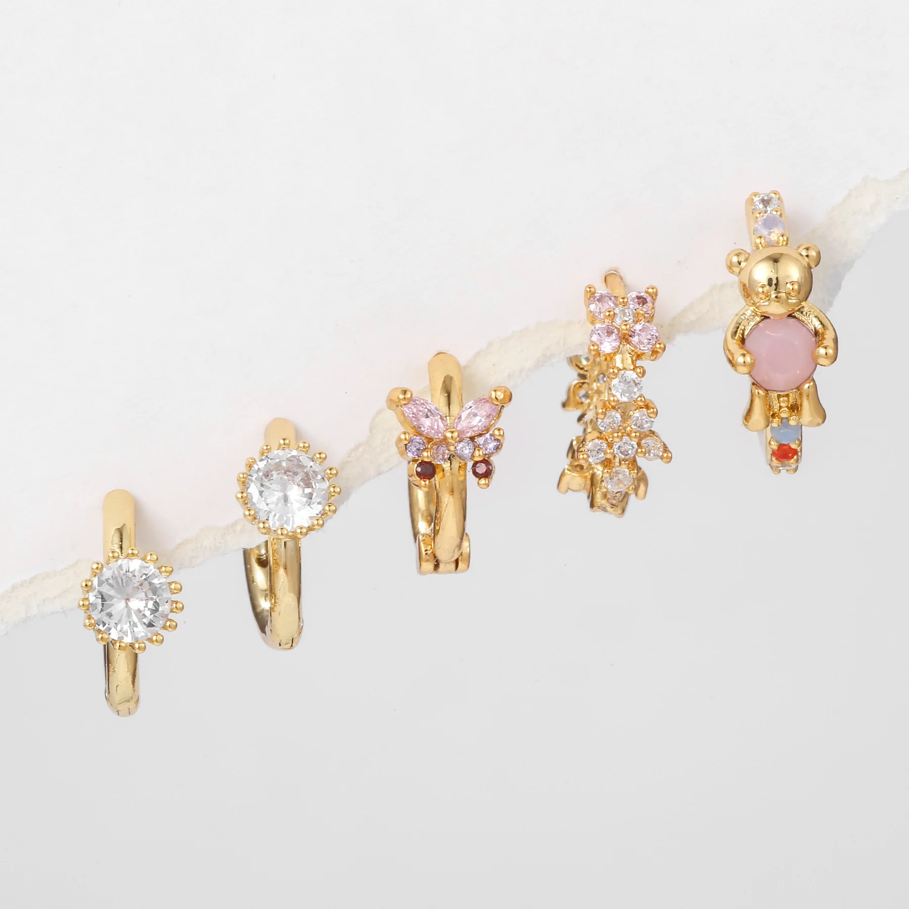 S925 Silver Needle Pink Bear Zircon Earring For Women Gold-plated Vintage Flower Stud Earrings Set Fashion Aesthetic Jewelry