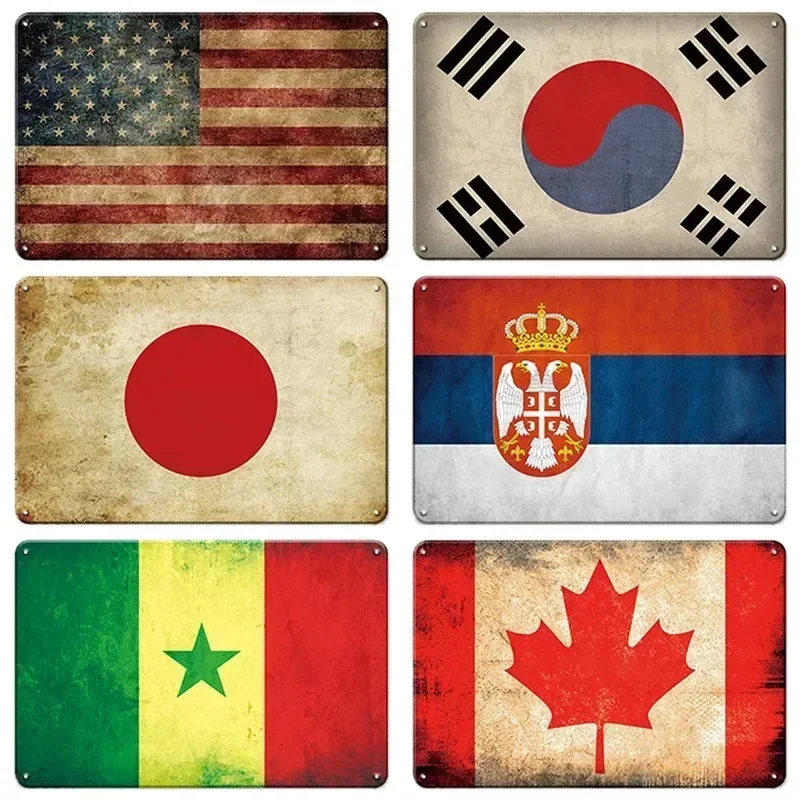 Vintage Assorted World Country Flag Retro Tin Sign Set, Rustic National Flag Metal Wall Art, Decorative Plaques for Bar Cafe Hom