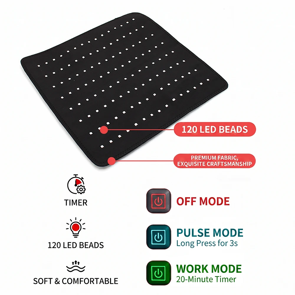 15.9in 120 LEDs Wearable Pet Red Light Care Pad 660nm 850nm Near Infrared Horse Dog Animal Body Relaxation Mat Pulse Mode Timer