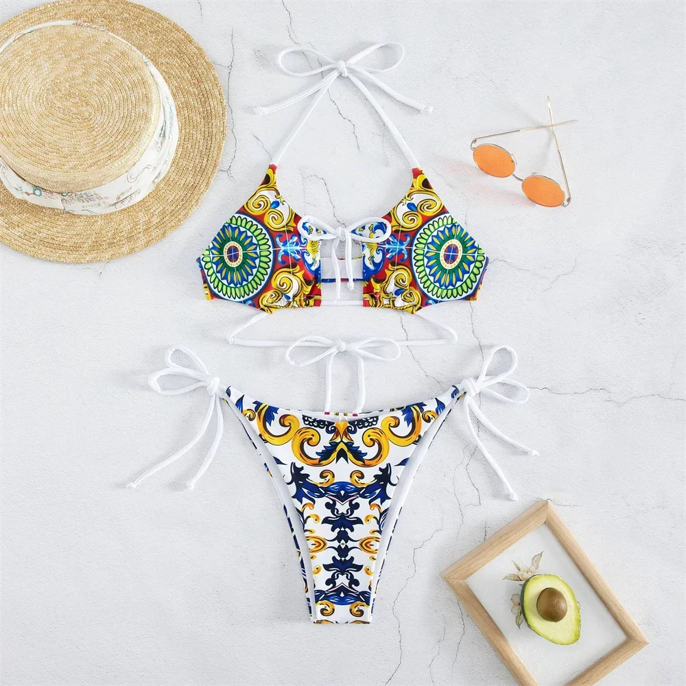

Vintage Print Bikini String Extreme Swimsuit Vacation Swimwear Women Backless Micro Tangas Brazil Y2K Beach Bathing Suit Outfits