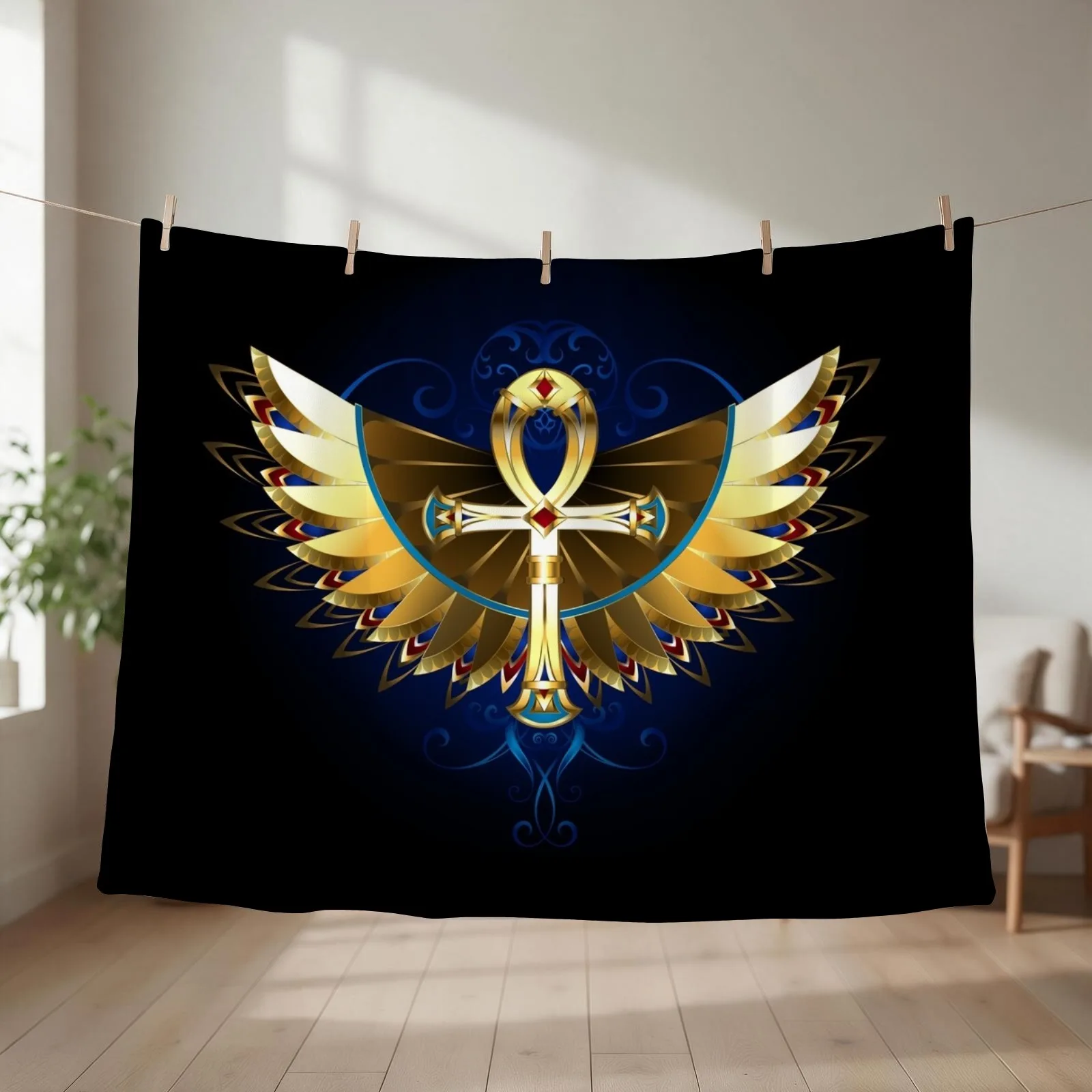 Gold Ankh with Wings Throw Blanket