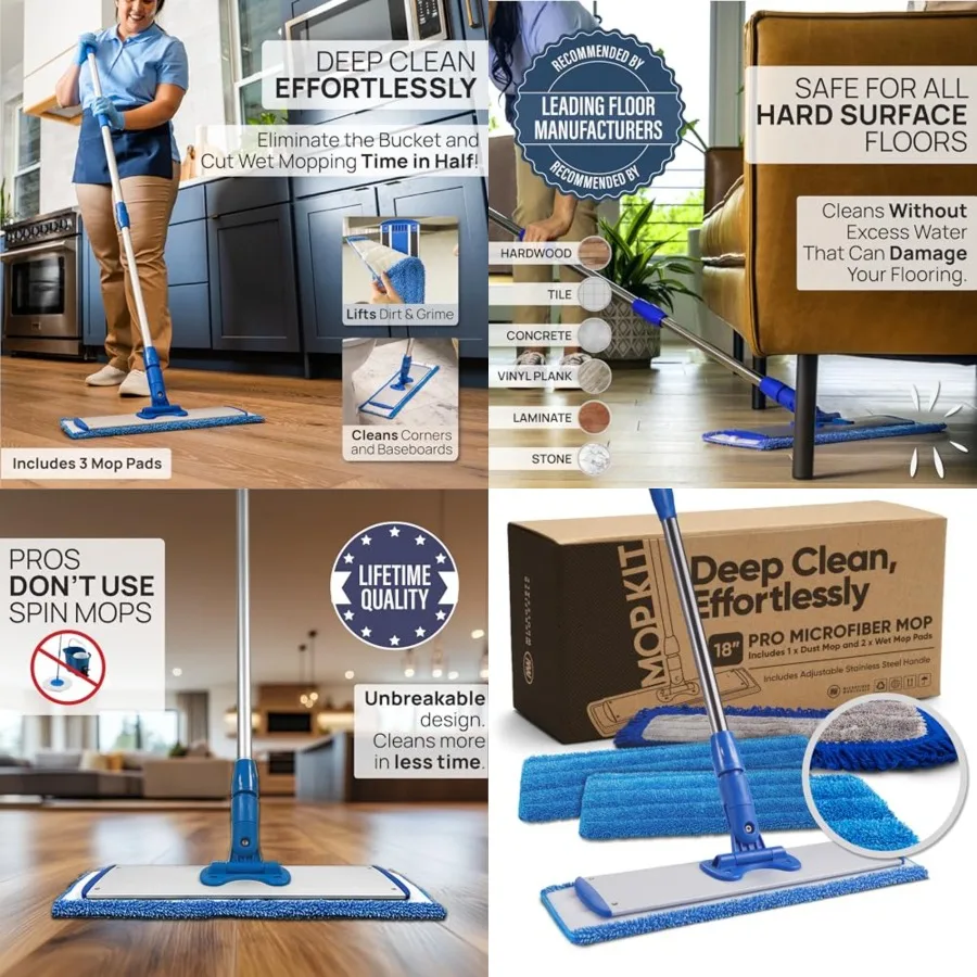 

18 Pro Microfiber Hardwood Floor Mop - Cleans Floor in Seconds Dust Wet Mopping Hardwood, Tile, Laminate Vinyl with 3 Washable