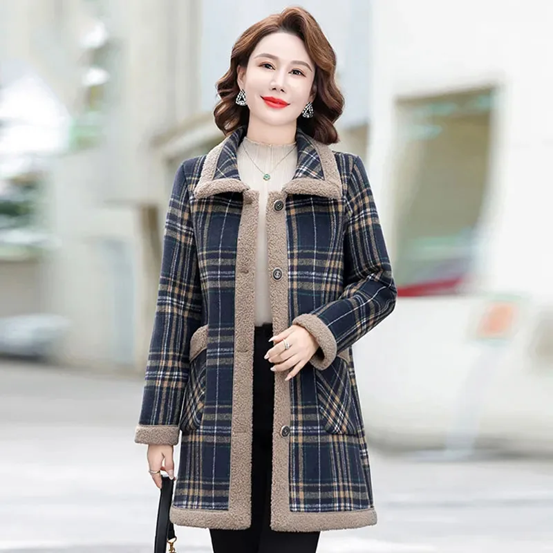 Mother\'s Winter Plush Woolen Coat Thicken Warm Cotton Parkas Middle-aged Elderly Women Granular Velvet Long Plaid Wool Jacket