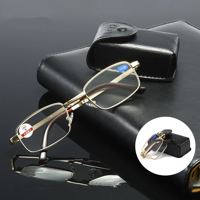 

Portable Folding Biofocal Reading Glasses Men Presbyopia Eyeglasses Finished Optical Spectacle Eyewear Diopter with Leather Case