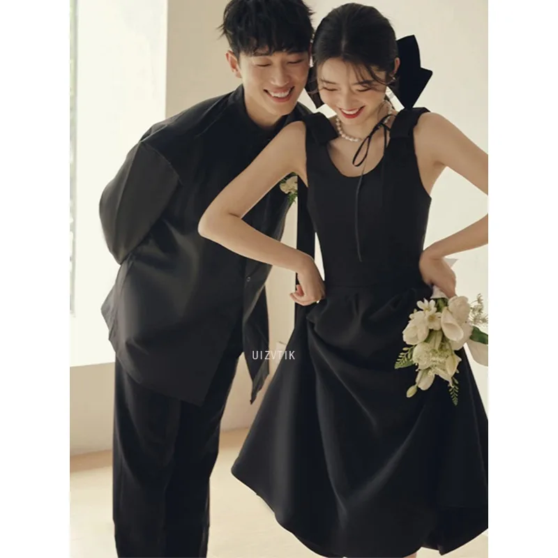 Vestidos de novia cortos simples negros Corea cuello cuadrado fotos sesión vestidos 2025 vestidos de novia de una línea personalizados vestido de fiesta Formal