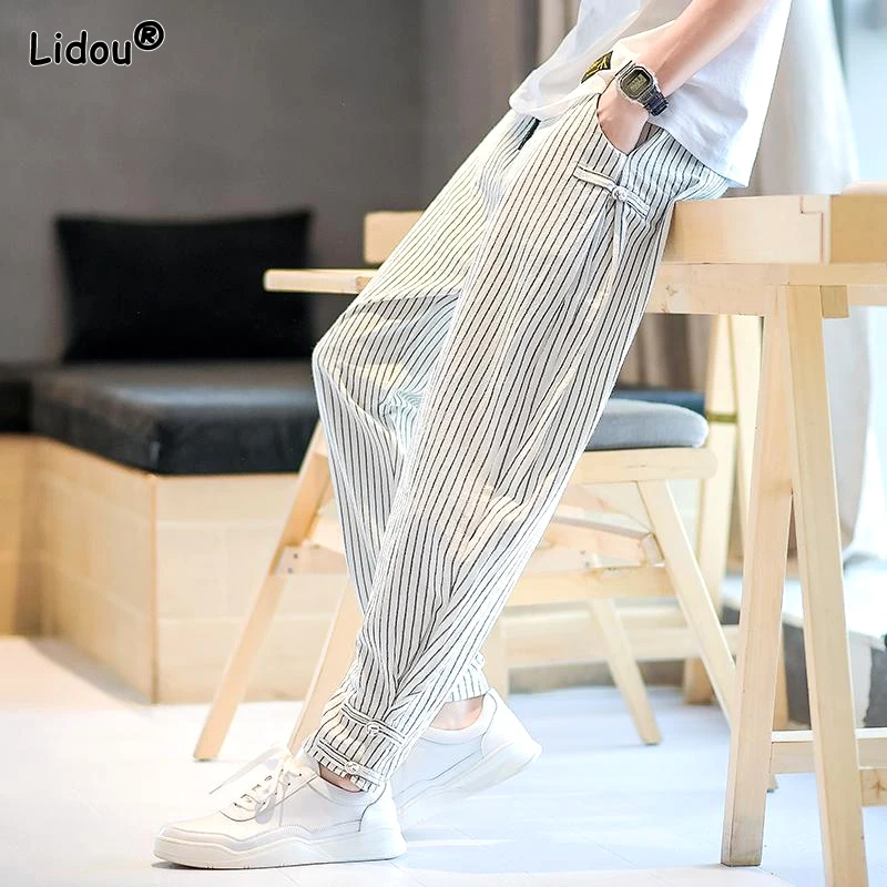 Comfortable New Loose Men\'s Clothing Pockets Printing Patchwork Striped Simplicity Fashion Casual Handsome Man High Waist Pants