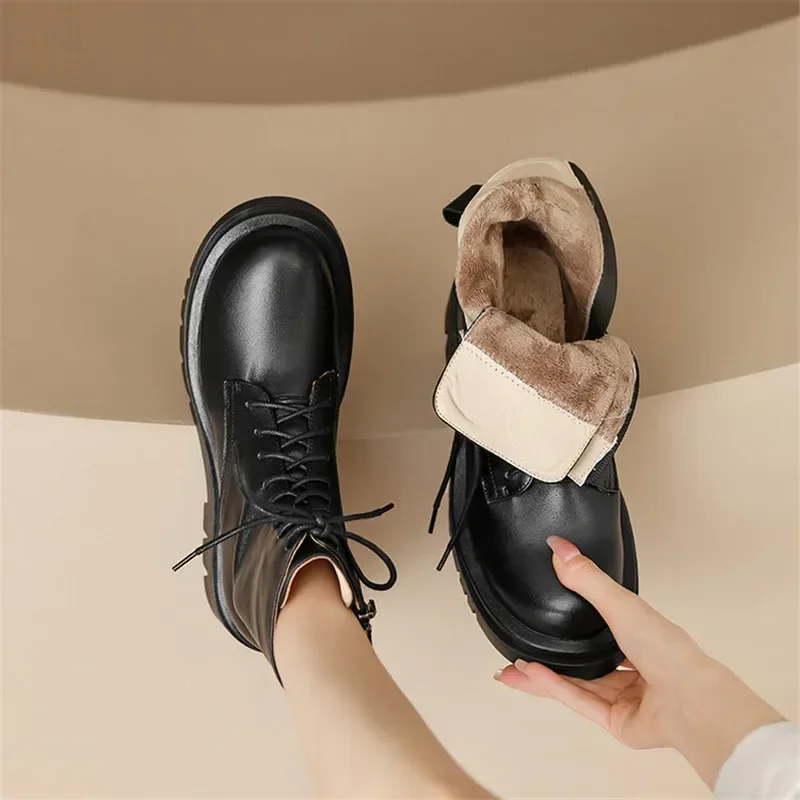 Women Genuine Leather Platform Boots Women Round Toe Lamb Hair Short Boots for Women Winter Women Boots High Heels Ladies Shoes