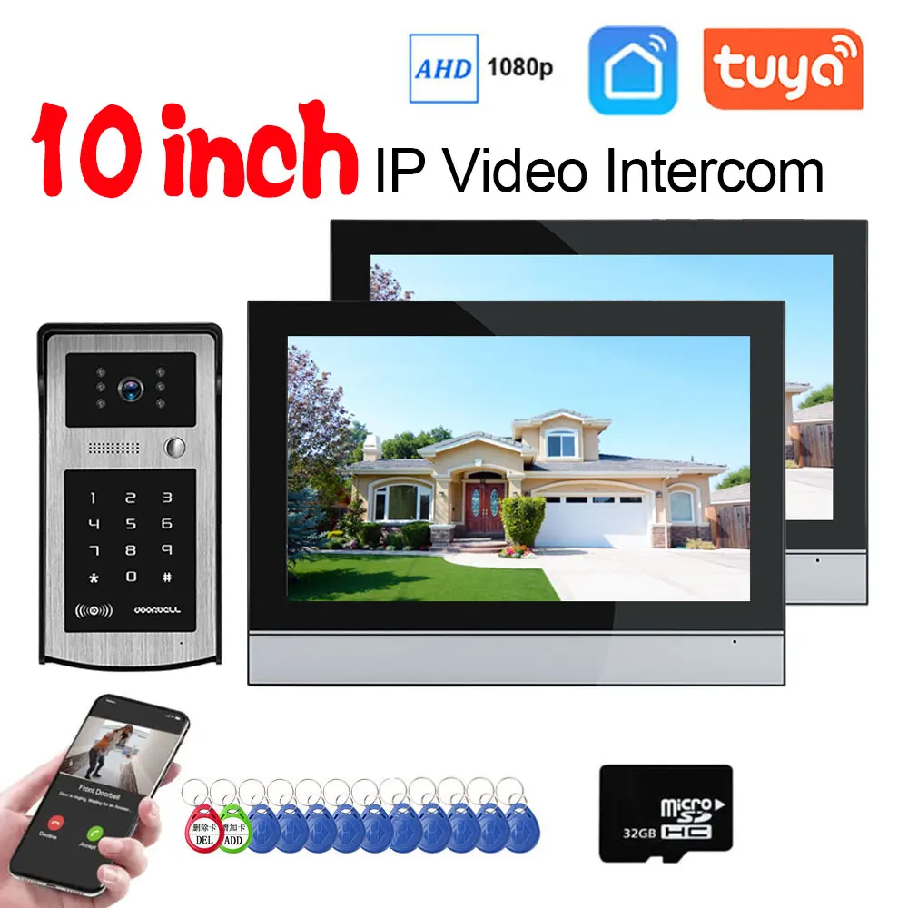 10 Inch Color Touch Screen Wireless TUYA 1080P Wifi Video Doorbell Smart APP Home Intercom Kit for Password RFID Access Control