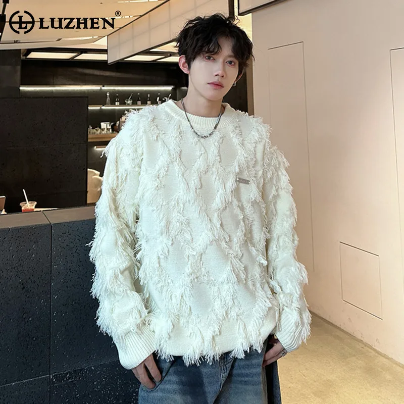 LUZHEN شخصية شرابة لدغ المرقعة فضفاضة طويلة الأكمام بلوفر مغزول الرجال 2025 الشتاء عالية الجودة الذكور سترة JY5056