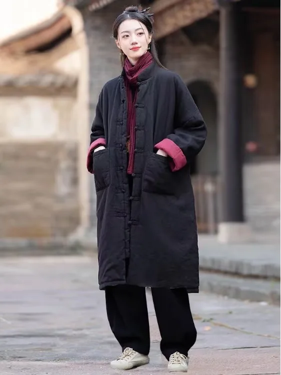 

Thiened Cotton Jaet Buddhist Laywoman Sle Long Sve Stand Collar Zen Meaning Women's Coat Retro Sle Loose Fit Cotto...