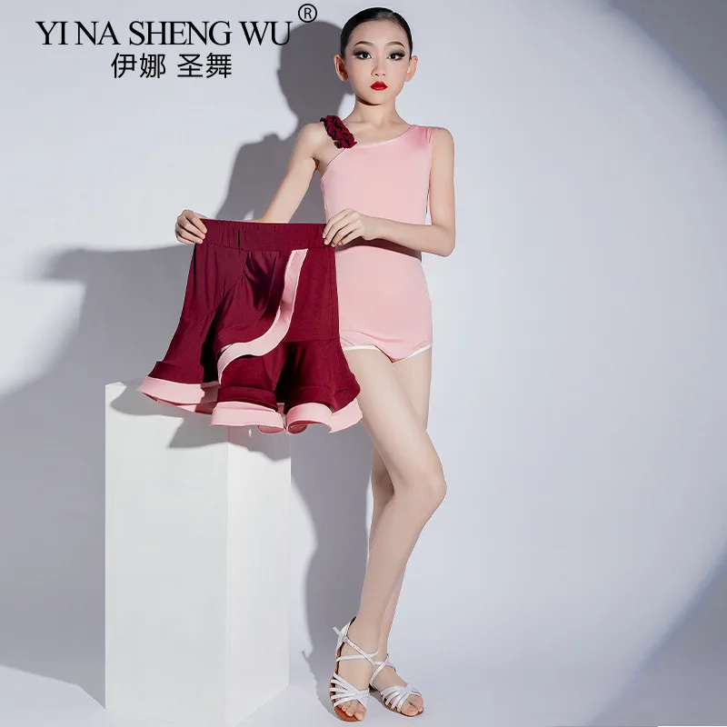 Robe de danse latine pour filles, ensemble body d'entraînement de Salsa Cha Cha et jupe à volants, combinaison d'entraînement professionnelle fendue pour enfants