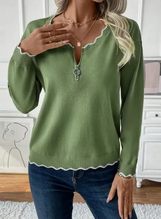 Women's Fashion Pullover New Casual Small Fragrance Element Solid Color Border Wavy Zipper Semi Open Neck Sweater for Women
