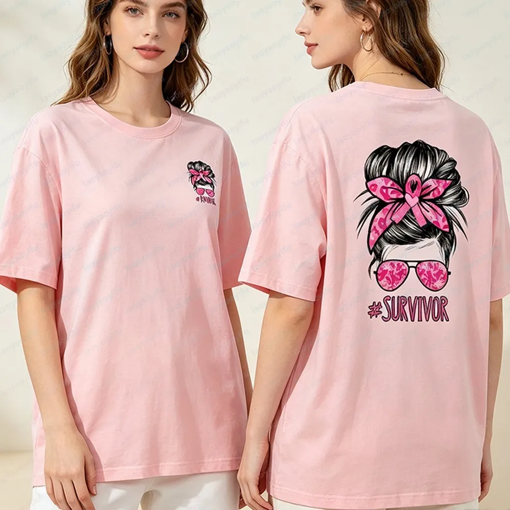 Survivor Girl Graphic Tee Pink Hair Bow Glasses Support Women Men Cotton Tops Pink Ribbon Shirt Breast Cancer Survivors Tees
