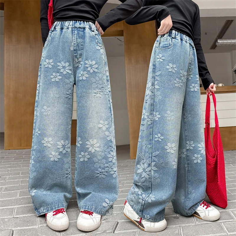 

Джинсы для девочек весна-осень 2026: широкие брюки с цветочным жаккардом, высокой талией и эластичным поясом, повседневные, удобные детские штаны