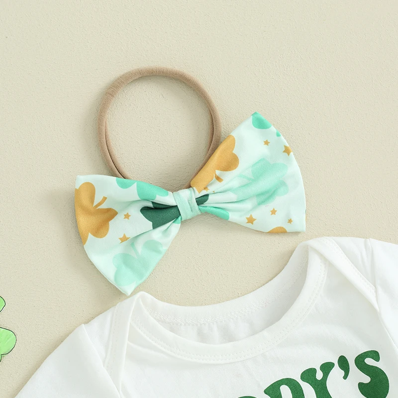 Stylish Baby Girls St Patrick s Day 3-Piece Outfit Set with Romper Skirt Shorts and Headband - Infant Clothing for Irish