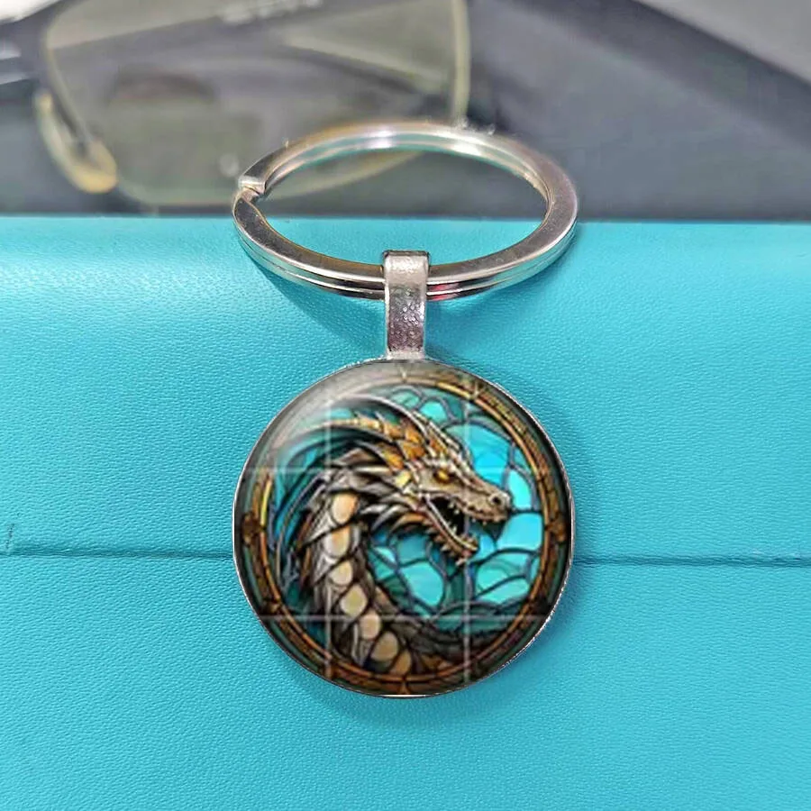 Hot Stained Glass Fantasy Dragon Cabochon Keychain, Medieval European Dragon Round Glass Dome Keyring, Gift For Dragon Fans