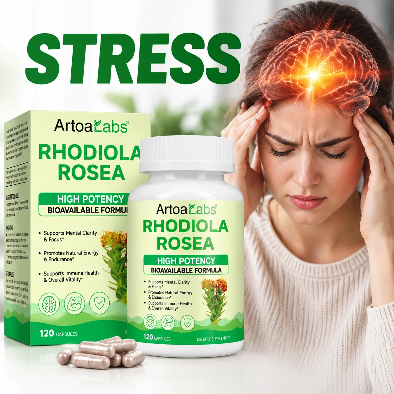 Rhodiola Rosea Extract Capsules Relieve Stress Maintain Positive Moods and Increase Mental Sharpness Boost Vitality 120 Capsules