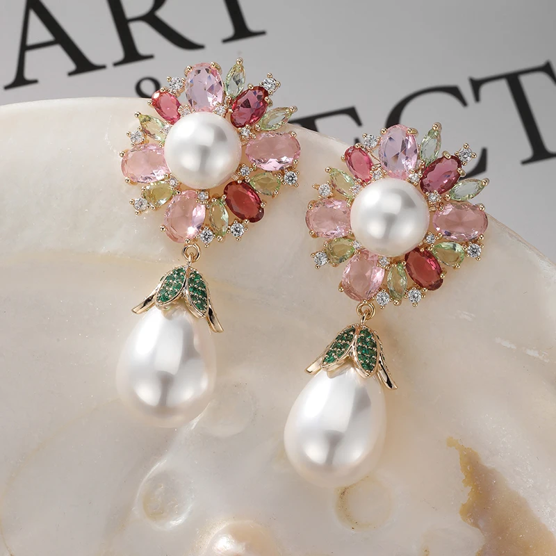 

SENYU Elegant Sweet Pink CZ Flower Earring Luxury Big Egg Shape Crystal Wedding Jewelry Exquisite Bride Waterdrop Pearl Dangle