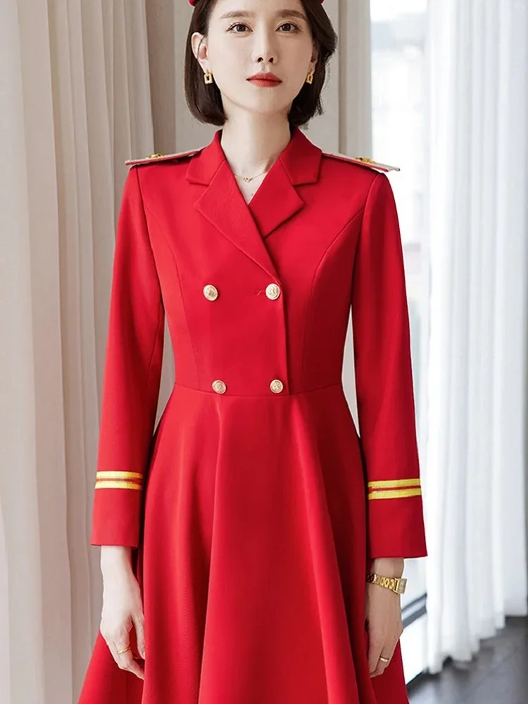 Flight & High-Speed Rail Attendant Uniform Professional Attire Long Sleeve Red Suit Collar Swing Dress Band Performance Costume
