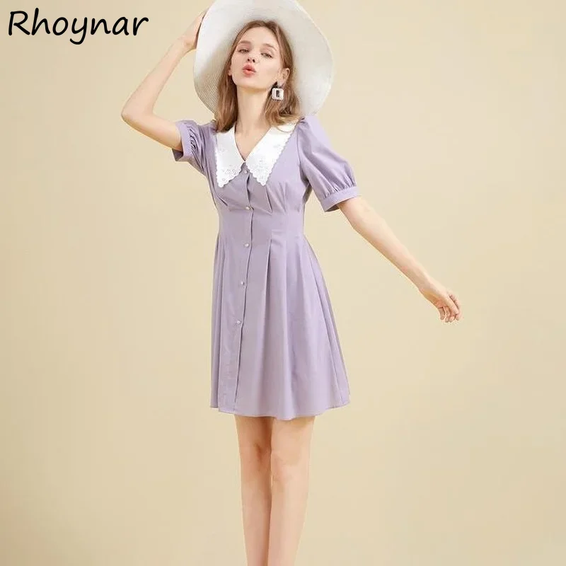 

Dress Women Design Summer Popular Peter Pan Collar All-match Simple Holiday Girls Sweet Aesthetic Single Breasted Ulzzang Chic