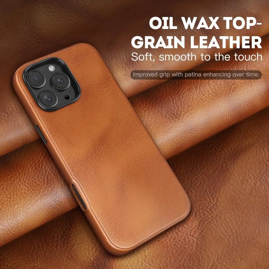 Кожаный чехол премиум-класса с масляным воском и верхним зерном для iPhone 16 Pro 6,3 дюйма, совместимый с MagSafe, прочными металлическими кнопками и Precisio