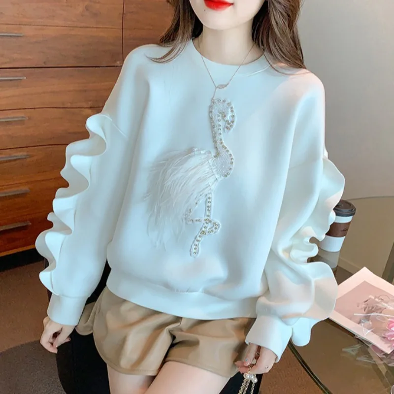 Vintage Chic O-neck Ruffled Beading Sweatshirts Autumn Long Sleeve Loose Tops Women E-Girl Mid-length Sweatshirt Mujer