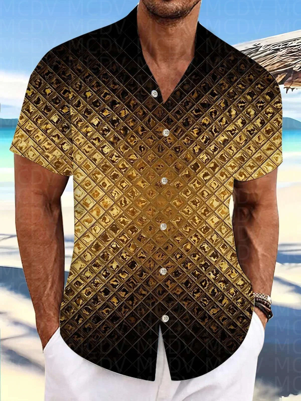 Rhombus Pattern Men's Hawaiian Shirt Stretch Easy Care Camp Shirt Big Tall