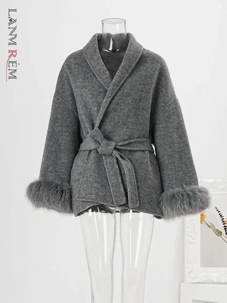 

LANMREM Autumn Winter New Woolen Coat Women Fashion Feather Spliced Sleeves Belt Gathered Waist Jackets 2024 Clothing CPG1864