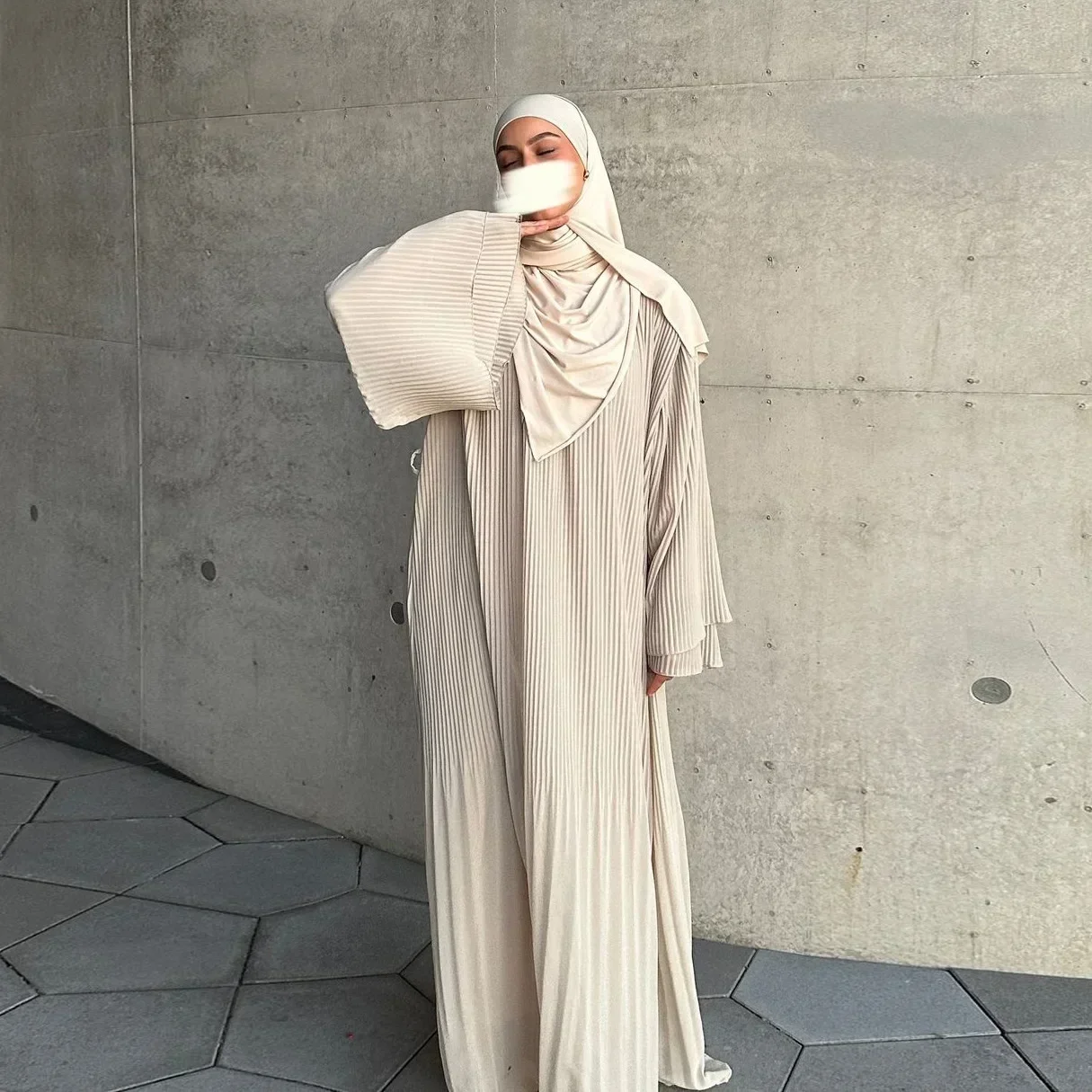 Women Muslim Modest Closed Pleated Dresses Long Sleeve Abaya Kaftan Basic Islamic Eid Clothes Dress Musulmane Femme Vestidos New