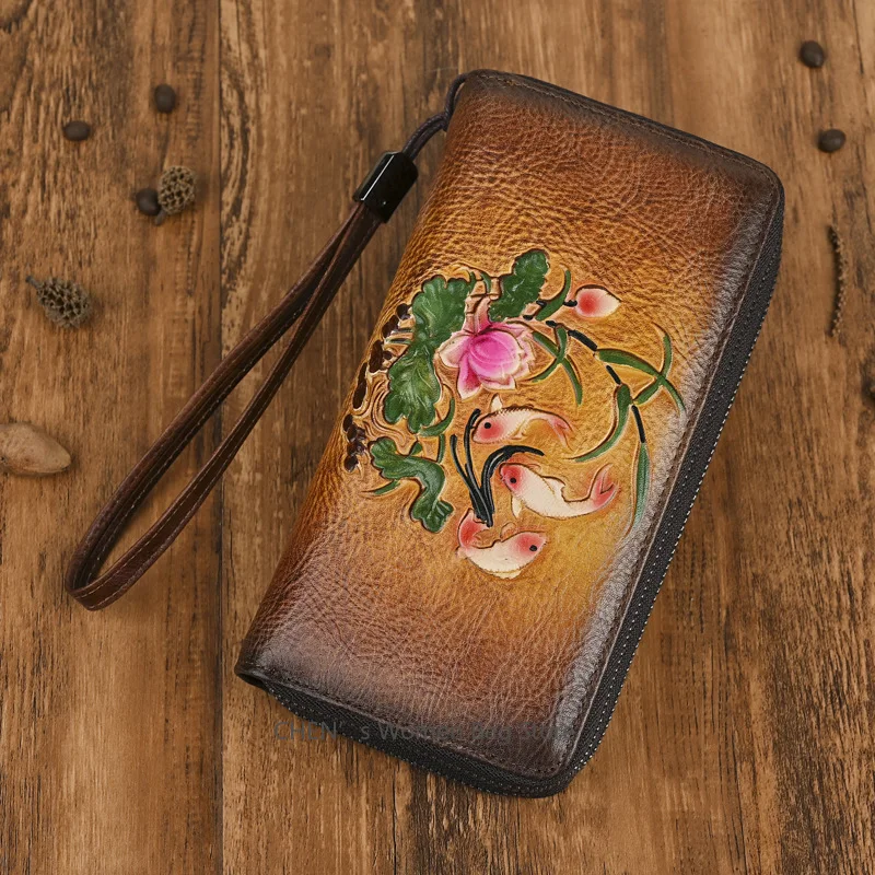 

Genuine Leather Women's Long Wallet Double Zipper Embossed Handmade Vintage Purse Vegetable Tanned Leather Card Wallets