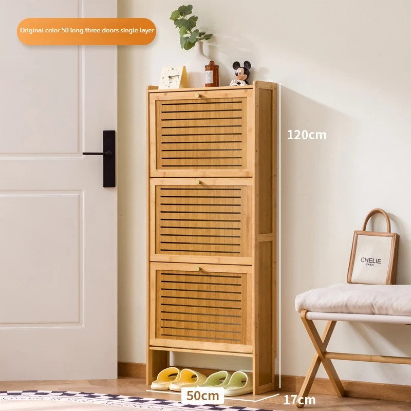 Minimaal ultradunne houten schoenenkast, moderne multi-laagse opklapbare schoenenrek, bamboe schuifdeur wandkast