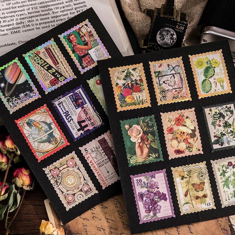 45pcs 빈티지 스탬프 추억 미니 상자 접착 스티커 전화 저널 플래너 Scrapbooking 라벨 일기 편지지 앨범