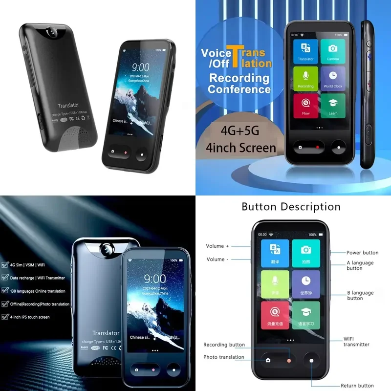 for AI Smart T7 Voice Translator 138 Languages Real Time 4G Card WiFi Offline Touch Screen IPS Display Device