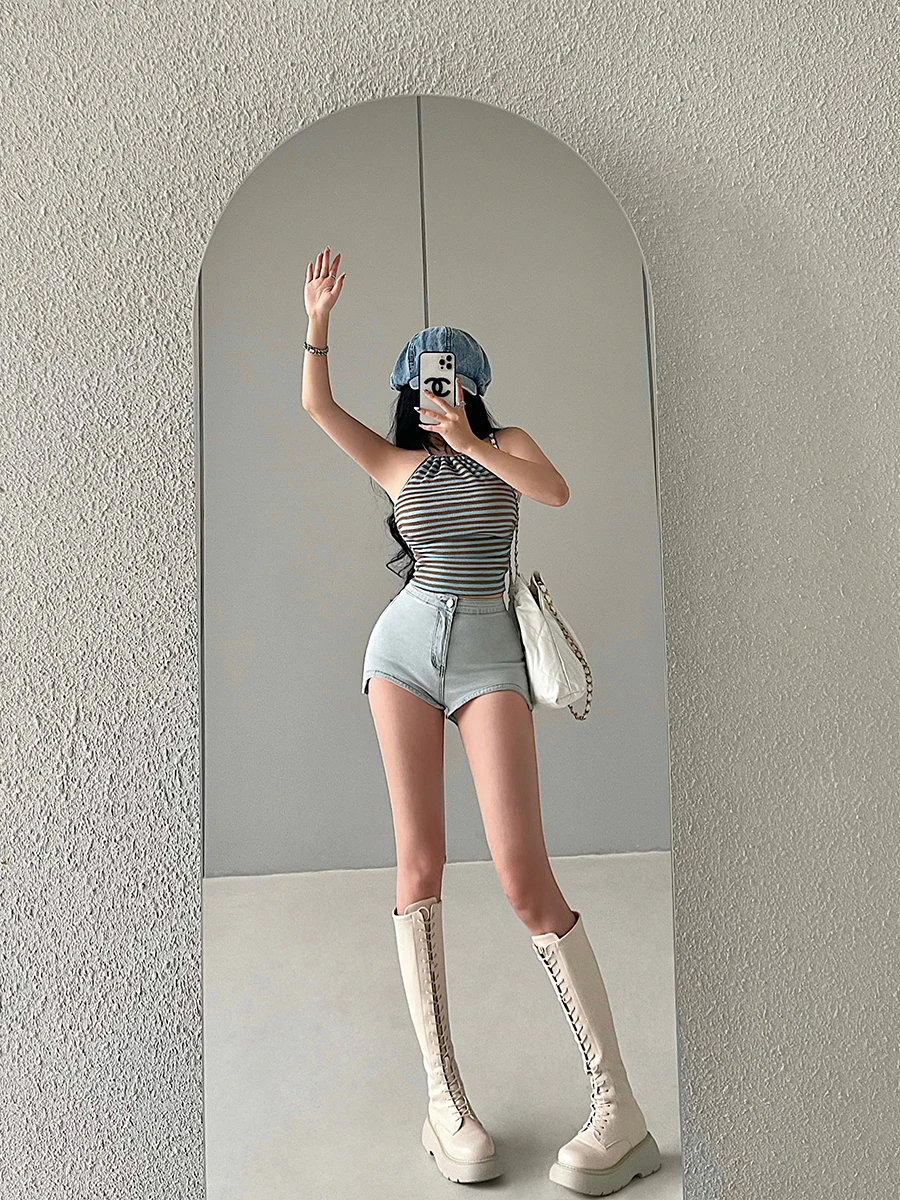 

Sexy High Waist Crop Jeans Short Pants Irregular Arc Design Lengthening Legs Hot Pants for Young Girls Summer Fashion Ladies