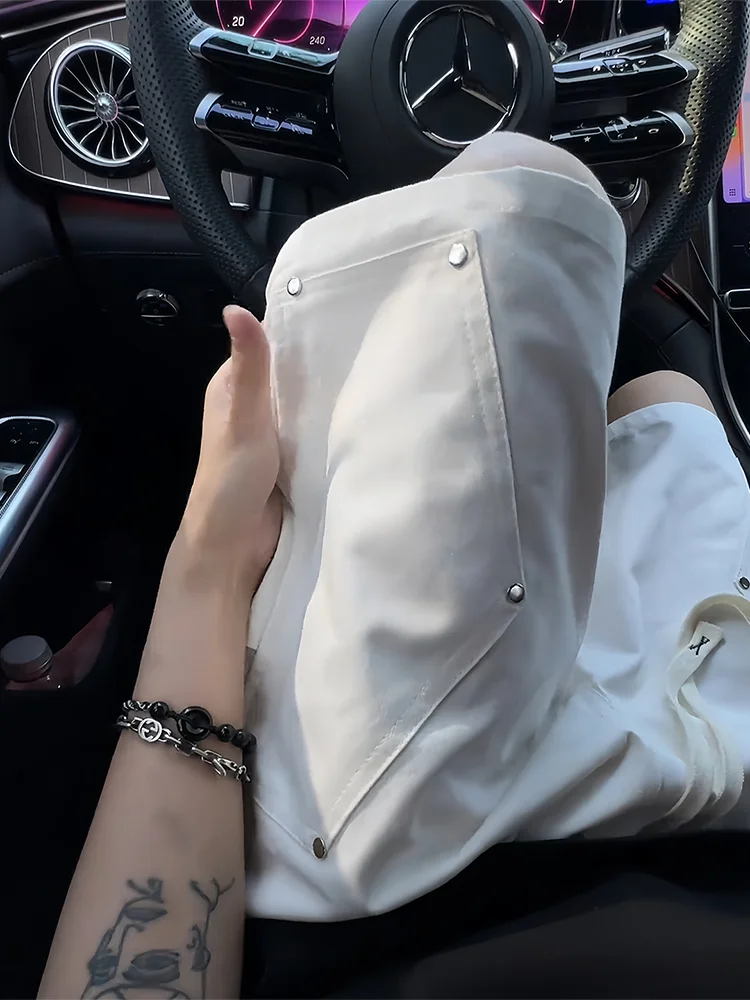 

Белые деконструированные рабочие шорты с заклепками для мужчин, летние, модный дизайн, американский уличный стиль, крутые брюки-капри прямого кроя