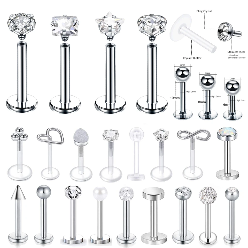 16G AceFun Piercing Labret Lèvre 16G - 12 Pièces Acrylique Et Acier Chirurgical - Monroe, Tragus, Helix 10mm Top CZ