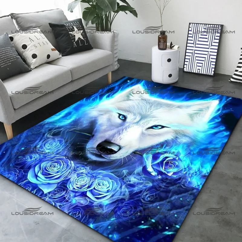 Blue Rose and Wolf Carpet Square Flannel Animal Pattern Decorative Rugs Modern Home Living Room Floor Mats Bedroom Carpet