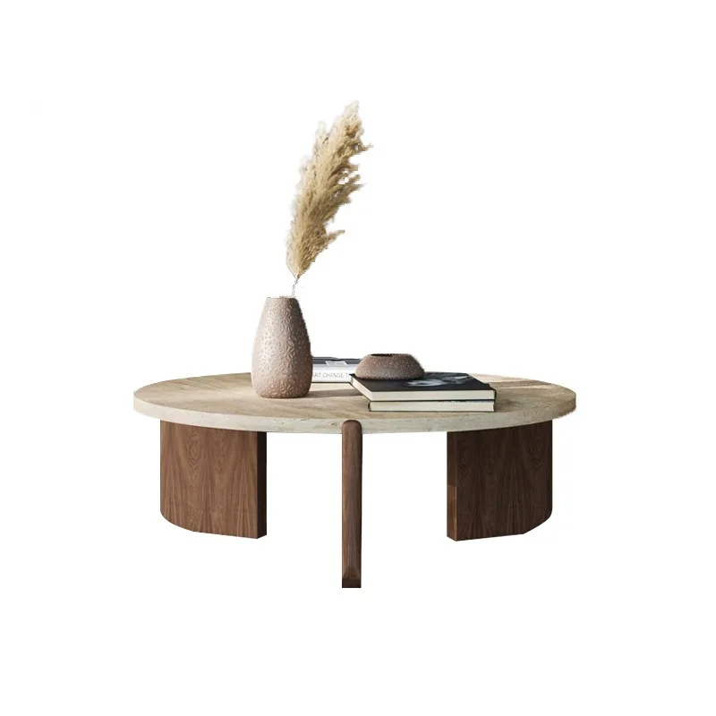 Natural round travertine coffee table, small apartment living room home modern marble coffee table