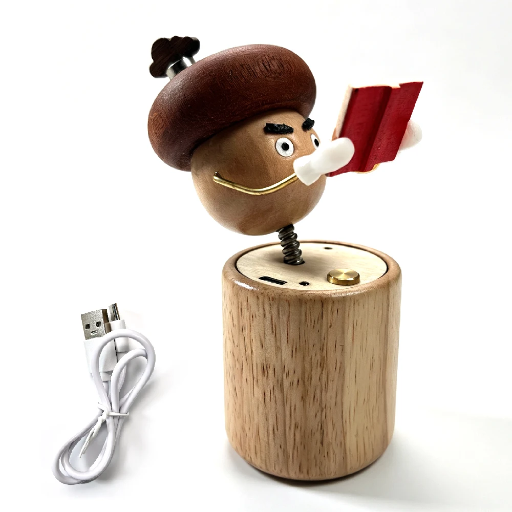 Cute Wooden Mushroom Reader Figurine, Rechargeable Desktop Decor, Relaxing Desk Ornament Suitable for Study Room and Office