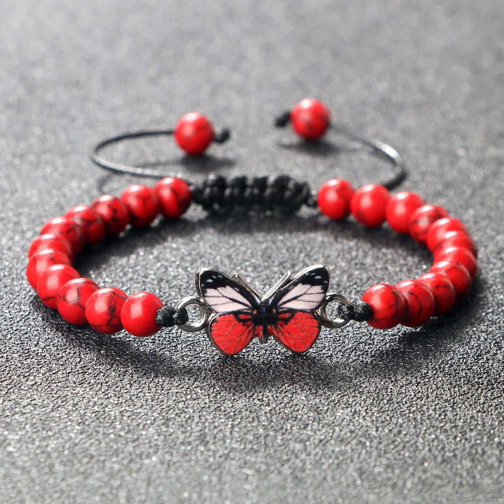 Newest Red Butterfly Charm Bracelets Natural Stone Lucky Beads Bracelets For Women Men Braided Adjustable Rope Jewelry Pulseras image 2