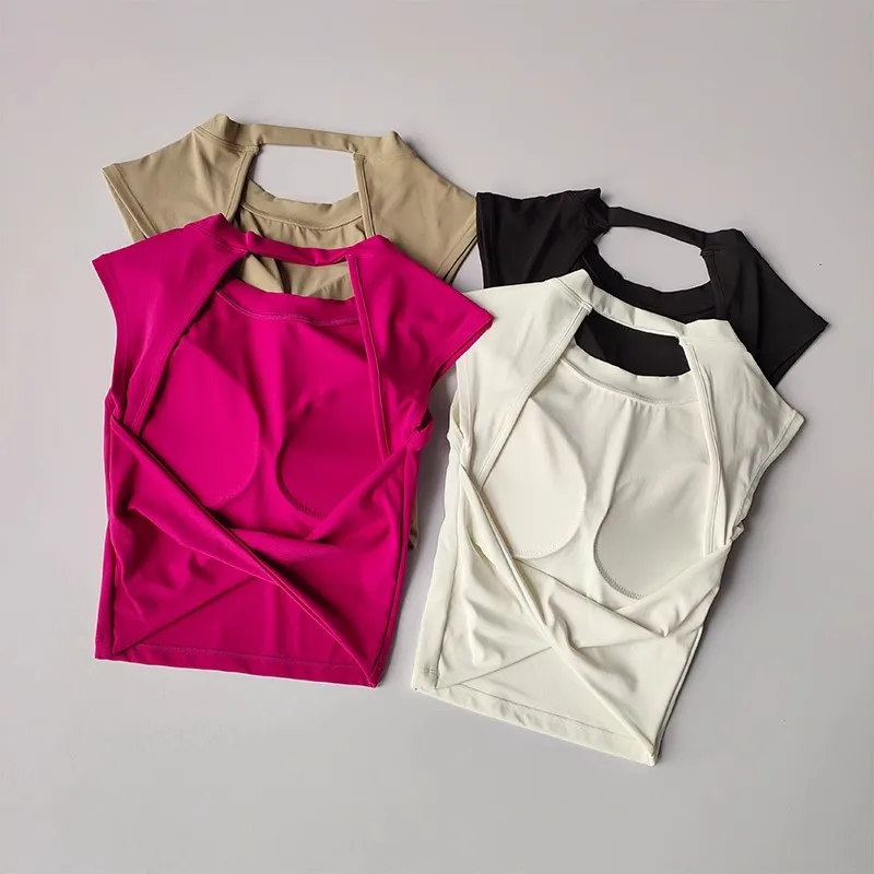 Sexy Short Backless Fixed Chest Pad Sports T-shirt Vest Women's Tight Fitting Quick Drying Slimming Yoga Suit Top Clothing image 2