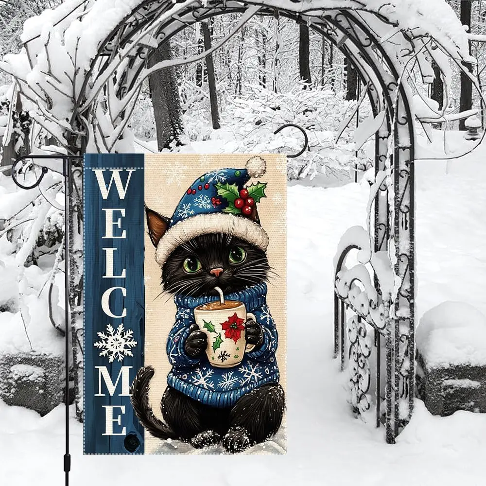 Christmas Welcome Cat Garden Flag 12x18 Inch Double-Sided Burlap Holiday Decor Featuring Snowy Kitty with Hot Cocoa HHZ UUV  yyi
