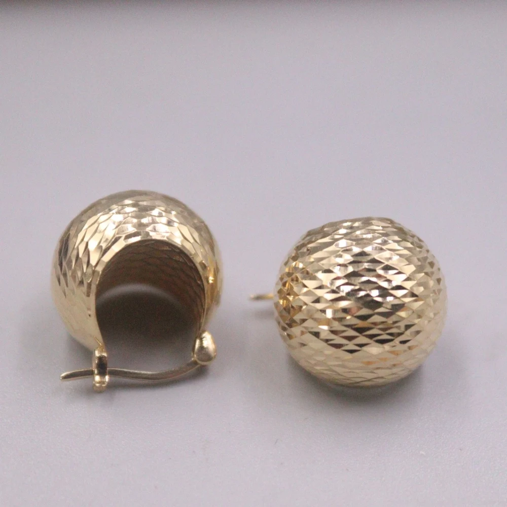 Real Pure 18K Yellow Gold Hoop Women Lucky Hollow Carved Ball Stud Earrings 3.63g