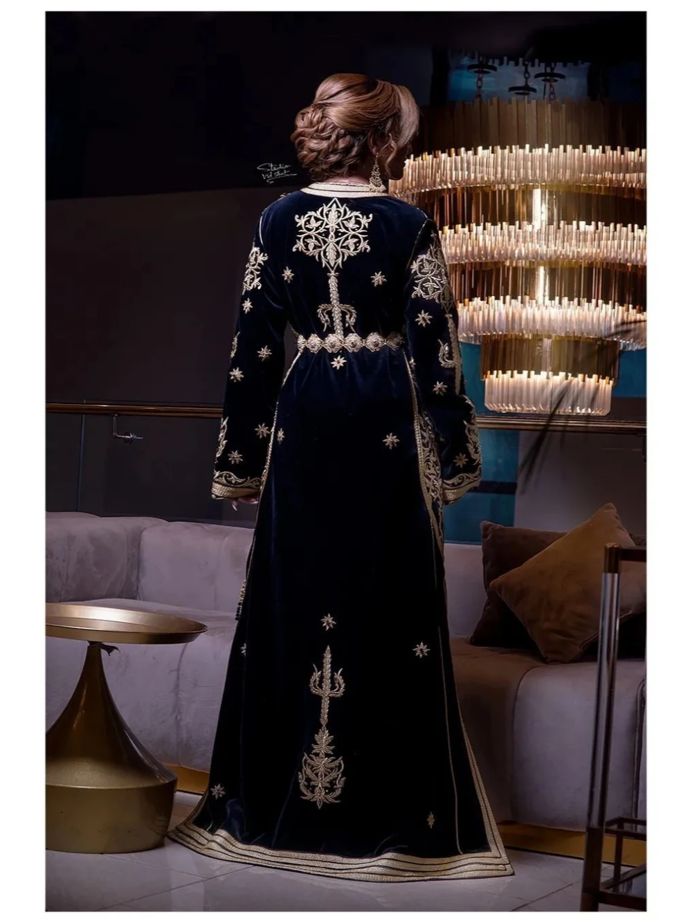 Classic O-neck Long Algerian Wedding Party Kaftan Dress Long Sleeve Luxury Gold Appliques Gown Vestidos De Gala Floor-length