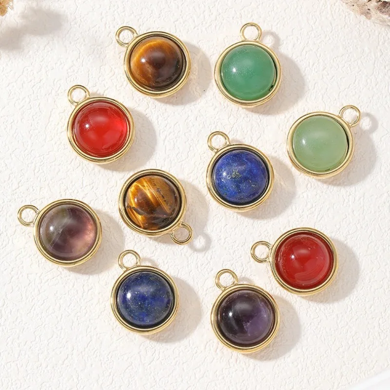 6pcs Simple Round Slice Gold Silver Stainless Steel Natural Stone Pendant  Quartz Amethysts Charm for DIY Jewelry Making 20x15mm