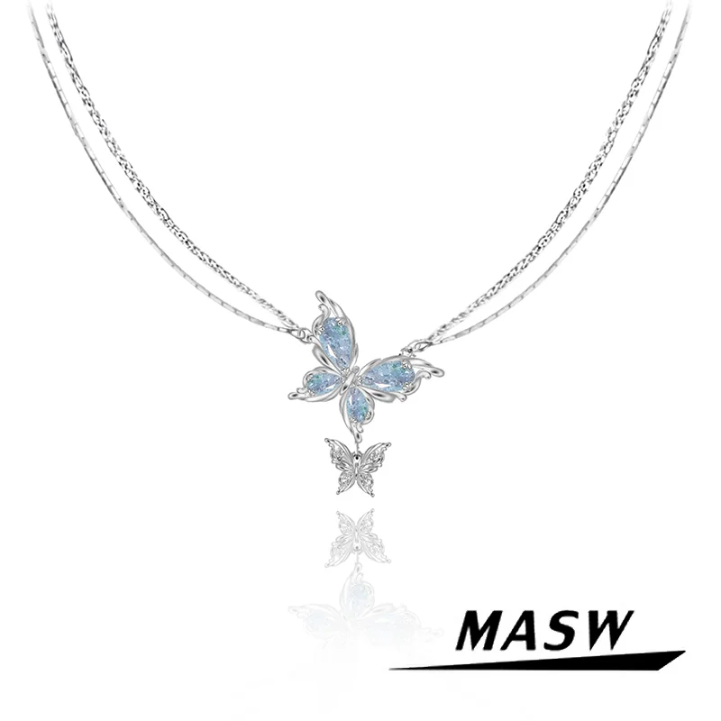 

MASW Original Design Delicate Adjustable Chain Blue Butterfly Necklace For Girl Women Gift Popular Finger Jewelry Accessories