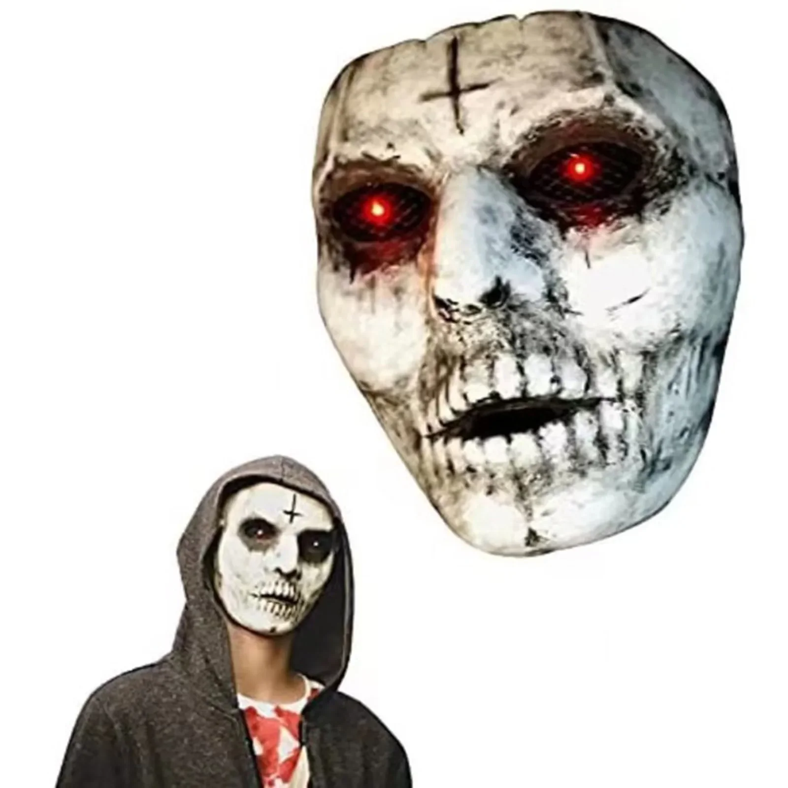 قناع الهالوين المخيف قناع الشياطين القاتل اللاتكس كامل الرأس مع عين حمراء لامعة LED زي تنكري للاحتفال