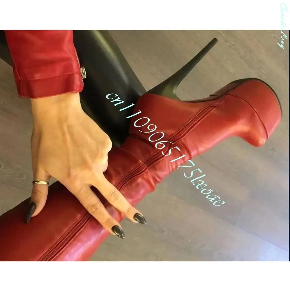 Vintage Rote Kunstleder-Kniehohe Stiefel für Damen, Runde Zehenpartie, Reißverschluss, Plateau, Ultra-Stiletto-Absätze, Nachtclub-Mode, Lange Stiefel